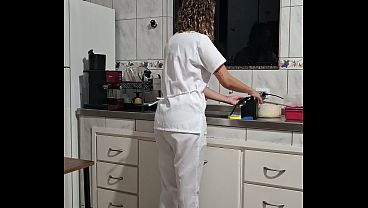 Banging the maid from behind in the kitchen.
